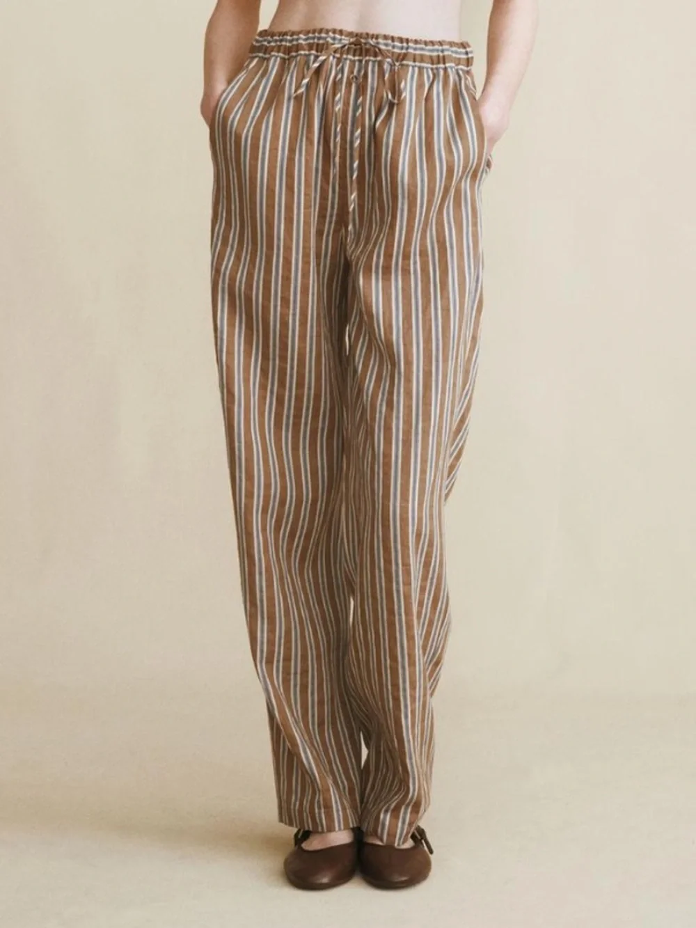 Zara STRIPED LINEN BLEND TROUSERS-Size Small
